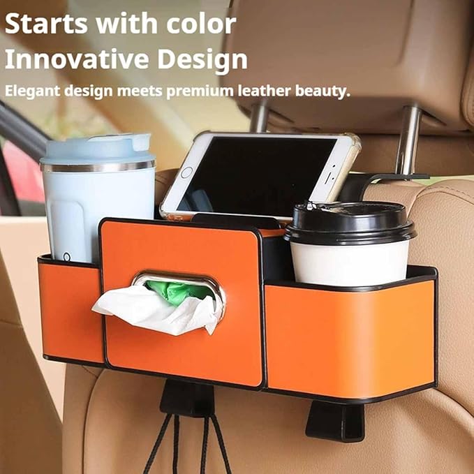 Car Organizers and Storage Box Multifunctional, Car Seat Back Organizer, 4 In 1 Universal Car Storage Box With Hanging Tissue Holder, Cup Holders & Hooks for Purses to Travel Accessories (Black)