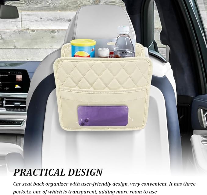 Car Seat Back Organizer, Car Organizers and Storage, PU Leather Vehicle Backseat Hanging Storage Pocket, Multipurpose Auto Travel Essentials Accessories for Kids & Adults, Universal for Cars (Beige)