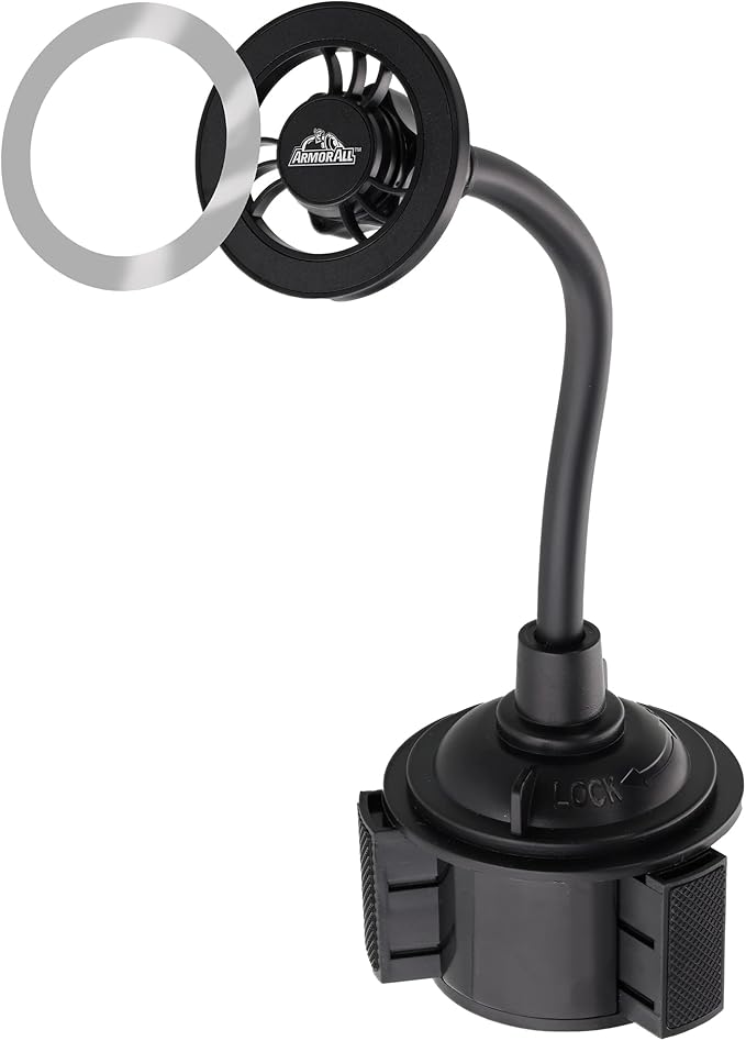 Armor All Magnetic Phone Mount for Car, Cupholder Phone Holder for MagSafe Phones, iPhones, Adjustable Gooseneck Design, Includes Universal Magnet Ring for Samsung, Non-Magnetic Phones, & Cases
