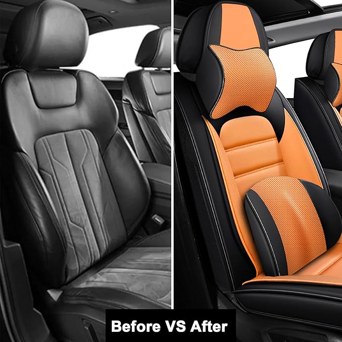 AREKA 2 Car Seat Covers for Honda Accord 2003-2026 Breathable Leather,Waterproof Car Seat Protectors with Comfort Headrest Pillows,Automotive Vehicle Cushion with Storage Pockets (Luxury,Orange)