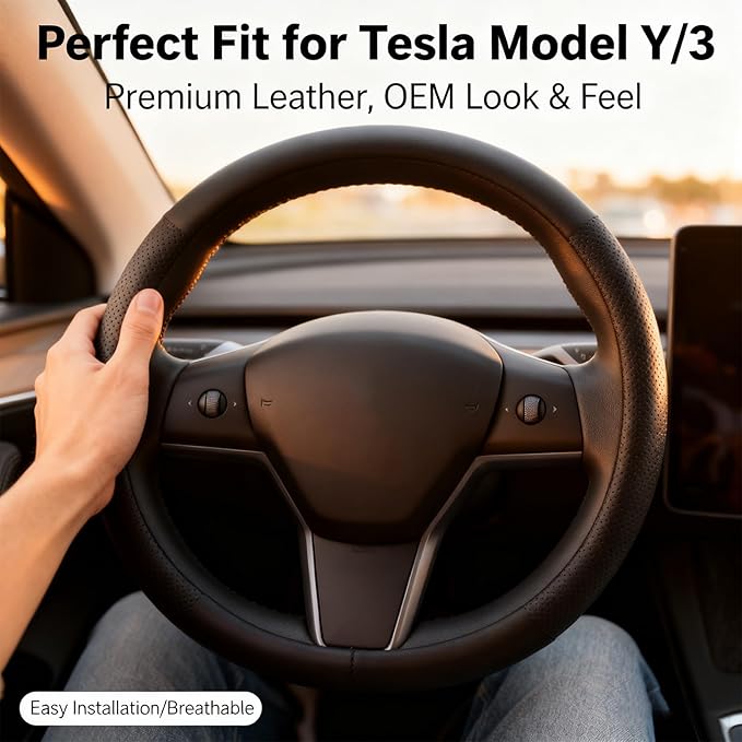 Leather Steering Wheel Cover for 2016-2025 Tesla Model 3/Y(Not for Juniper Y Highland 3),Non-Slip Breathable Steering Wheel Protector for Model 3 Y Steering Wheel,Sweatproof,Slip-on(Black)