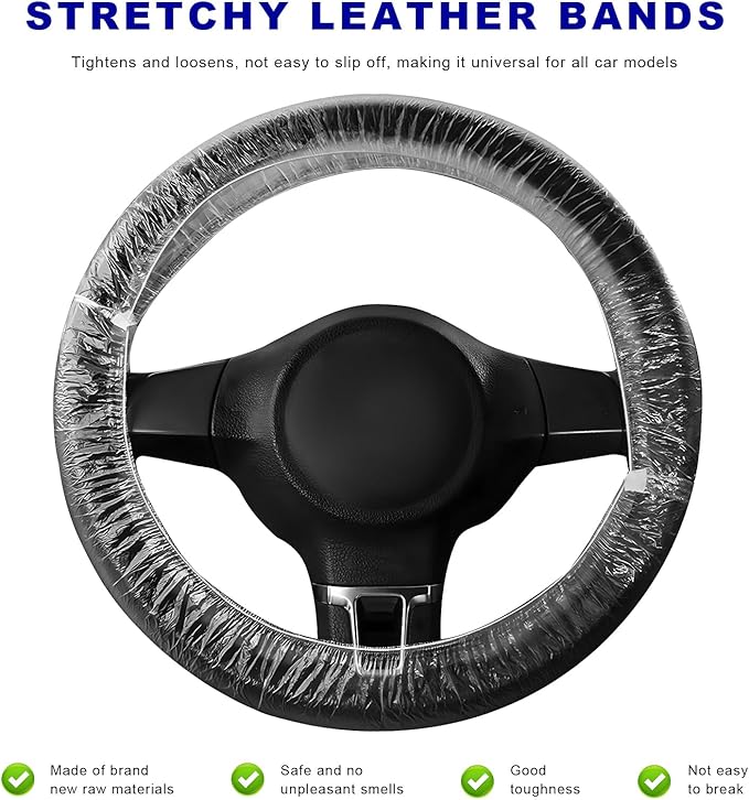 100PCS Universal Disposable Steering Wheel Cover, Plastic Transparent Car Steering Wheel Protector with Elastic Trims, Steering Wheel Covers for Automotive Service Body Shops