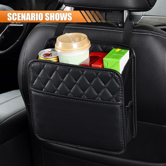 Foldable Car Seat Back Organizer, Large Capacity Hanging Car Backseat Storage Bag with Cup Holders, PU Leather Waterproof Car Trash Bag Can, Car Travel Accessories for Most Vehicles (2)