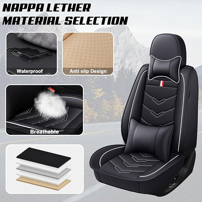 MVRVMV Luxury Car Seat Covers for Ford Explorer 2012-2026, Nappa Leather Auto Seat Cover with 2 Neck Pillows and 2 Lumbar Supports (5 Seat Luxury, Black-White)