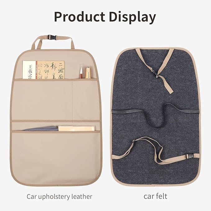 pefirst Kick Mat Back Seat Protector Waterproof Leather Car Seat Back Organizers Cover with 3 Storage Pockets for Kids Pets SUV Sedan Minivan Truck Car Travel Accessories (Beige 2-Pack)