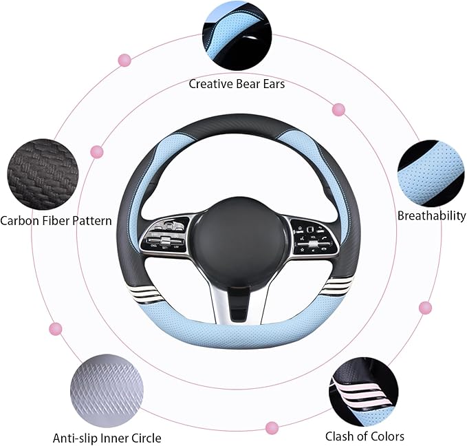 14 inch Cute D Shaped Steering Wheel Cover for Women Men Faux Leather and Carbon Fiber,Black and Blue
