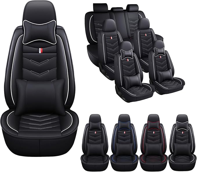 MVRVMV Car Seat Covers for Ford Explorer 2012-2026, Waterproof & Wear-Resistant Front and Rear Seat Protectors with 2* Neck Pillow and 2* Lumbar Support (7 Seat Luxury, Black-White