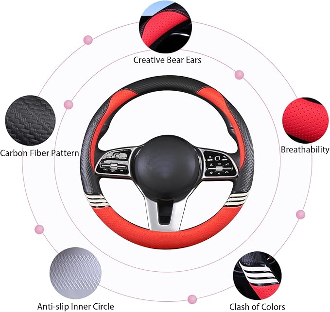 14 inch Cute Steering Wheel Cover for Women Men Faux Leather and Carbon Fiber,Black and Red
