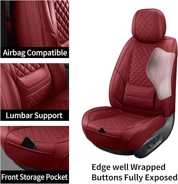 SCOMEE Red Leather Car Seat Covers Front Seat Breathable Seat Protectors Waterproof Automotive Seat Covers Universal Fit for Most Cars SUVs Trucks Vehicles