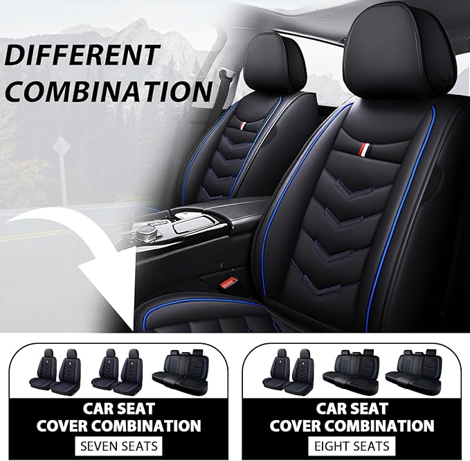 MVRVMV 8 Seat Covers for Honda Pilot 2010-2026, Waterproof Anti-Slip Car Seat Cover Compatible with Airbags (8 Seat Standard, Black-Blue