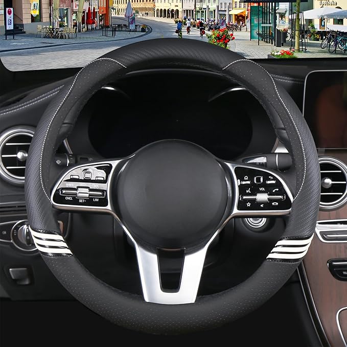 Cute Steering Wheel Cover for Women Men Leather Universal 15 inch,Black