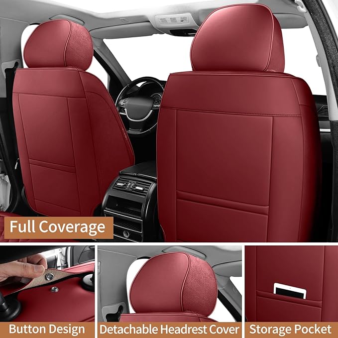 SCOMEE Red Leather Car Seat Covers Front Seat Breathable Seat Protectors Waterproof Automotive Seat Covers Universal Fit for Most Cars SUVs Trucks Vehicles