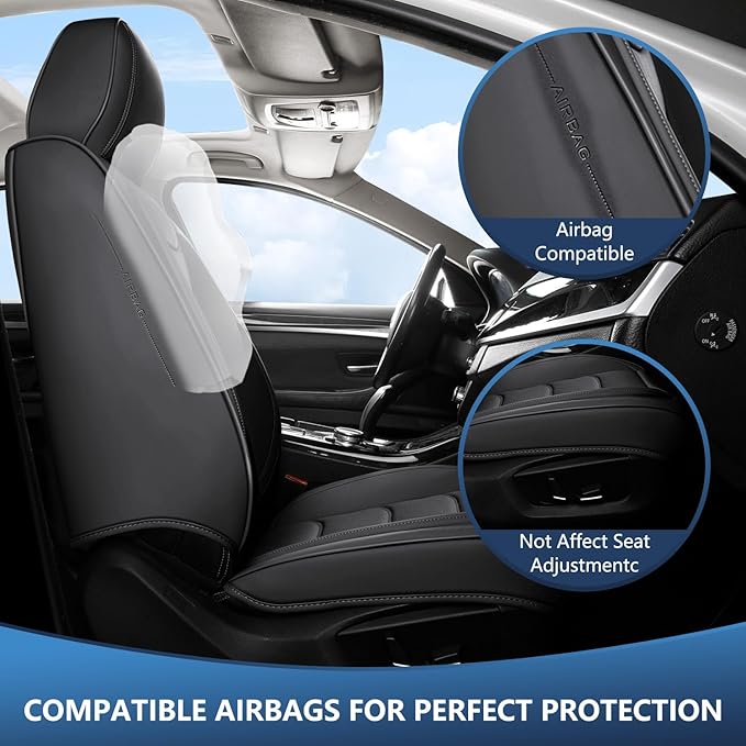 WENNFOUR Car Seat Covers Full Set, Universal Automotive Front and Rear Seat Protector Fit for Cars 5 Seats, Waterproof Breathable Leather Seat Cushion for Most Vehicles SUV Pick-up Truck, Black
