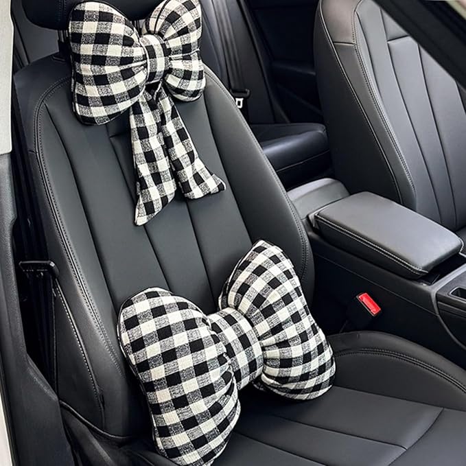 Car Accessories Plaid Bow Headrest Lumbar Pillow 4PCs Set Cotton Linen Elegant Soft Car Seat Cushions for Daily Commuting Trave (Black Plaid,Headrest 2pcs)