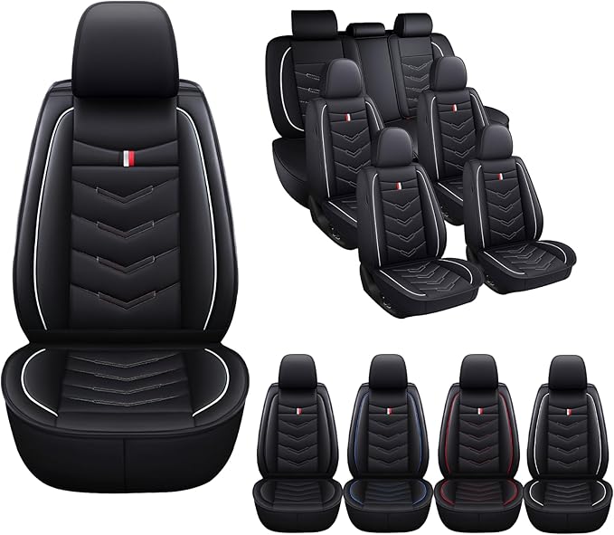 MVRVMV 3 Row 7 Seater Seat Covers for Ford Explorer 2012-2026, Airbag Compatible Front and Rear Split Bench Leather Auto Seat Protectors (7 Seat Standard, Black-White