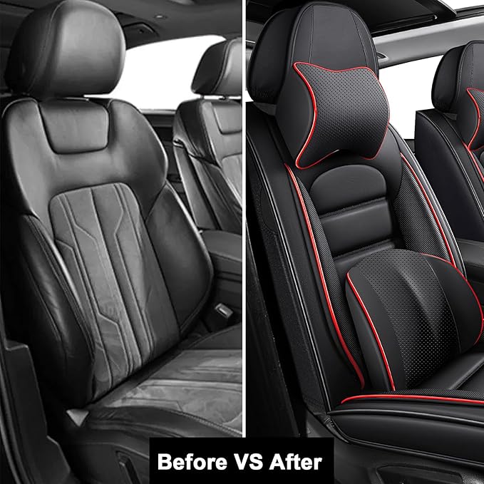 AREKA 2 Car Seat Covers for Honda Civic 2002-2026 Breathable Leather,Waterproof Car Seat Protectors with Comfort Headrest Pillows,Automotive Vehicle Cushion with Storage Pockets (Luxury,Redline)