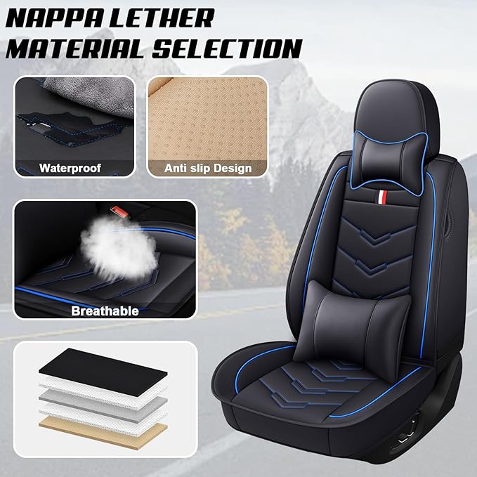 MVRVMV Luxury Car Seat Covers for Ford Explorer 2012-2026, Nappa Leather Auto Seat Cover with 2 Neck Pillows and 2 Lumbar Supports (2 Seat Luxury, Black-Blue)