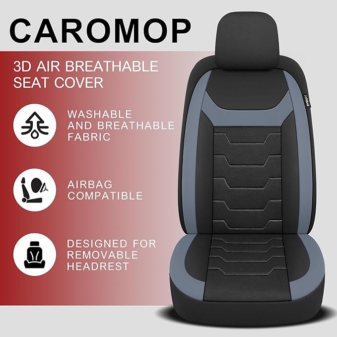 CAROMOP Breathable Car Seat Cover 2 Front Seats, 3D Air Mesh Cloth Seat Covers for Cars, Universal Fit Automotive Car Interior Covers for SUV Vans Sedans Trucks(Black/Gray)