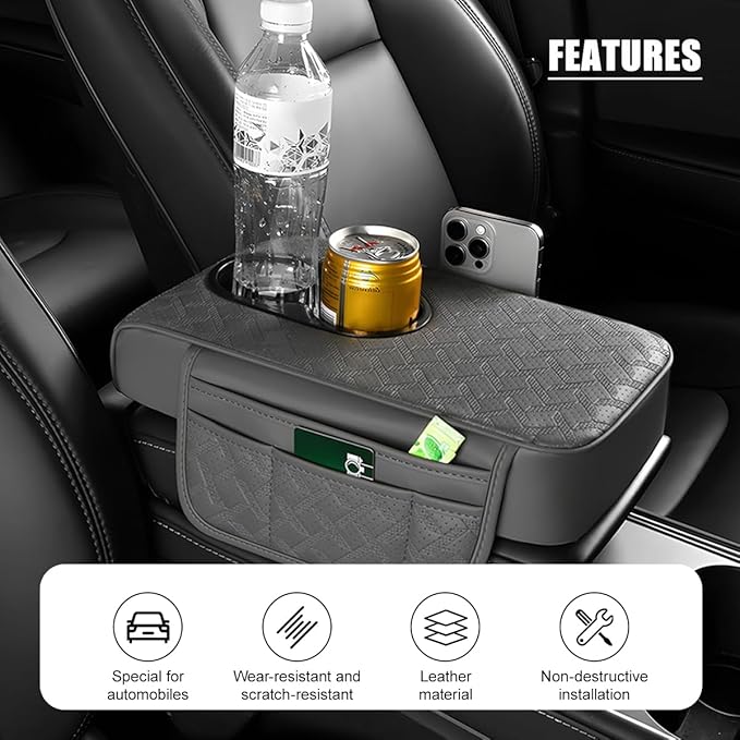 BESULEN Car Center Console Cover, Leather Thick Vehicle Armrest Protector Cushion with Cup Holder & 2 Storage Bags, Automotive Interior Arm Rest Seat Box Pad Accessories, Universal Fit (Gray)
