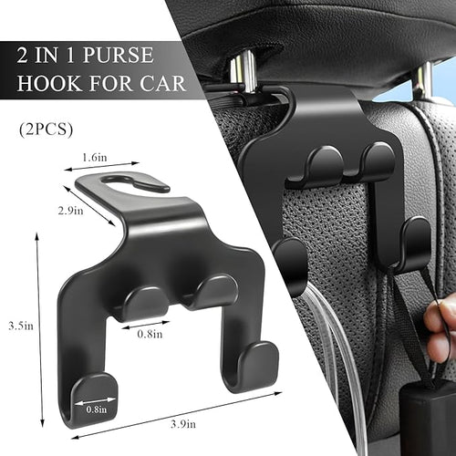 2 PCS Car Seat Headrest Hooks, 2 in 1 Auto Backseat Hanger Thickened Headrest Storage Hook, Universal Vehicle Seat Back Organizer for Purses Handbags Coats Grocery Bags