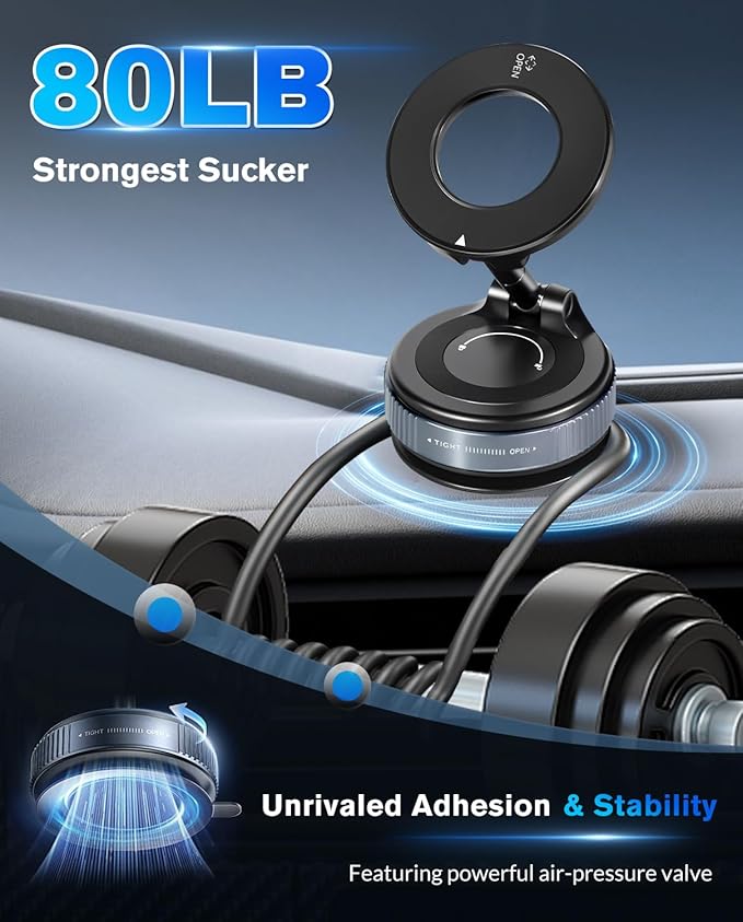 Vacuum Suction Magnetic Phone Holder, 2025 Upgraded Magnetic Car Phone Mount for Magsafe, 360°Adjustable Foldable Portable Suction Cup Phone Holder for Cars/Gyms/Mirrors/Smooth Surface