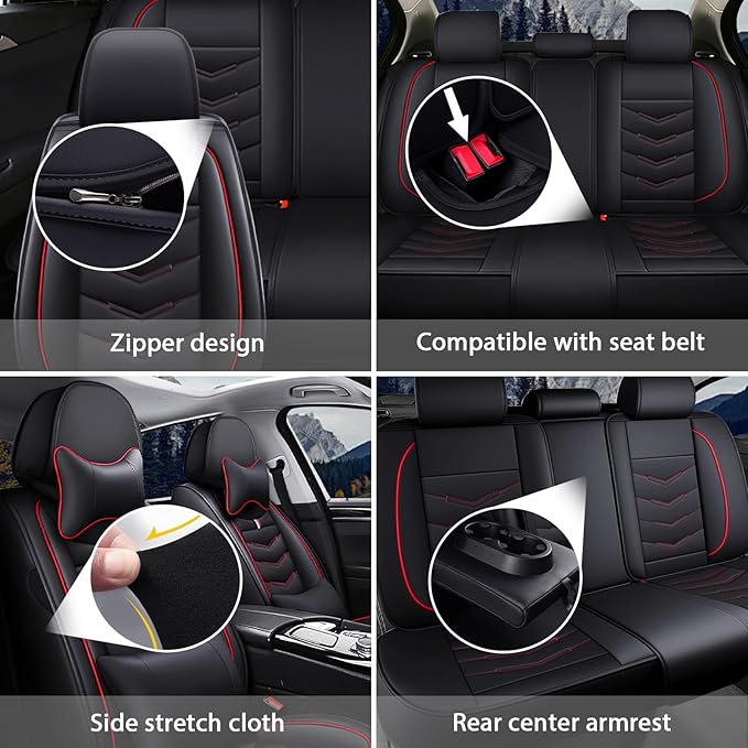 MVRVMV for Ford Ranger 2005-2026 Seat Covers, Waterproof Leather Seat Cover with 2* Neck Pillow and 2* Lumbar Support (5 Seat Luxury,Black-Red)