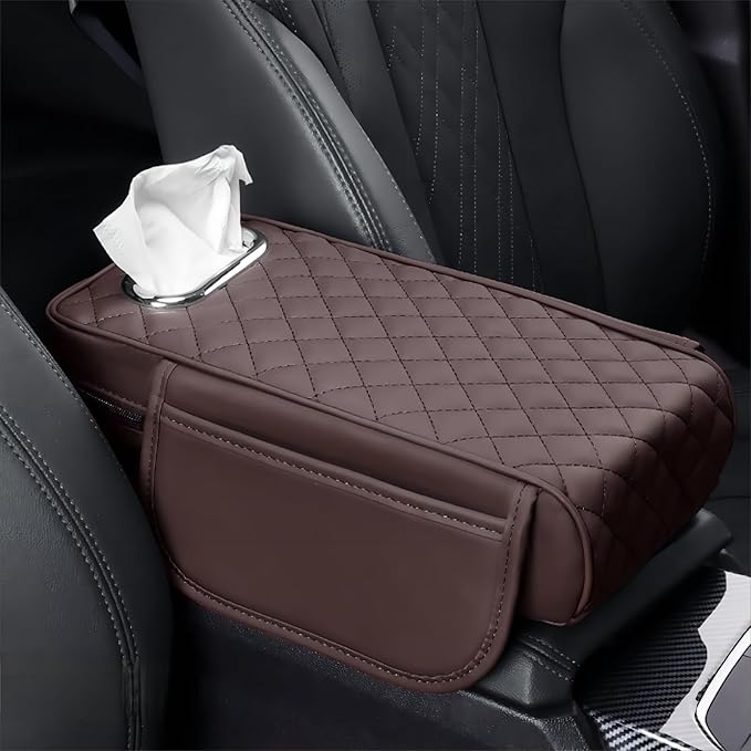 Car Armrest Pads for Hyundai Santa Fe Sport 2013 2014 2015 2016 2017 2018,Leather Center Console Covers Waterproof Anti-Slip Scratch Comfortable Automobile Protective Accessories,Brown