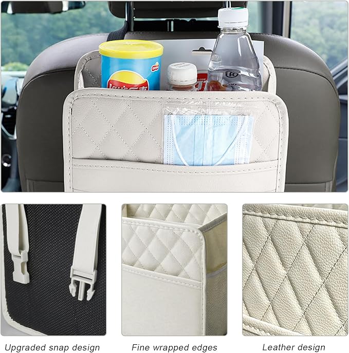 2 PCS Car Seat Back Organizer, Large Capacity Foldable Car Seat Back Hanging Bag with 3 Extra Pockets, Waterproof Leather Auto Seats Storage Organizer, Car Travel Essentials Accessories (White)