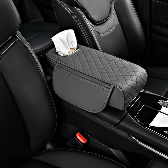 Car Arm Rest Cover Pad for Toyota Camry 2012 2013 2014 2015 2016 2017, Leather Memory Foam Center Console Cushion with 2 Storage Bags and a Tissue Box Universal Car Interior Accessories