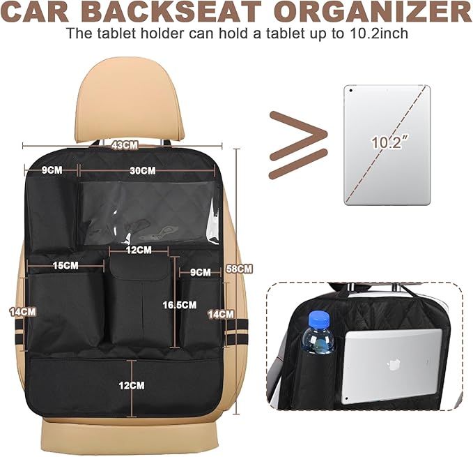 GMQ Backseat Car Organizer with Touch Screen,Kick Mats Back Seat Organizer for Kids,Multifunctional Seat Back Organizer Car Travel Accessories (Black, 2 PCS)