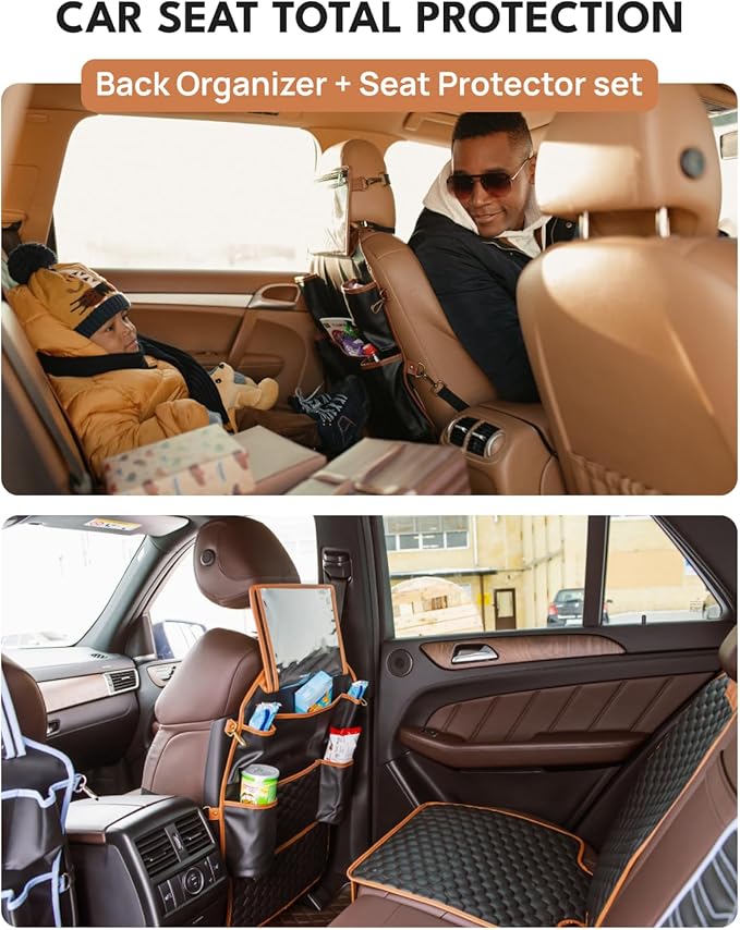 Owleys Set Car Seat Organizer Backseat Back Organizers & Seat Protector Kick Mat Back Of Seat Protector Automotive Organizer Seatback Toy Organization For Kids Behind Black Brown Tan