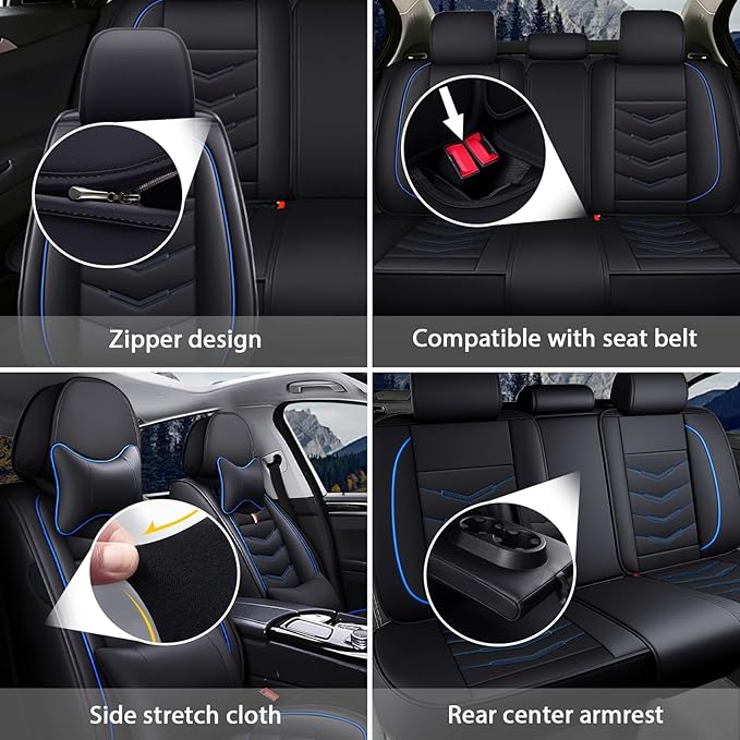 MVRVMV Car Seat Covers for Ford Explorer 2012-2026, Waterproof & Wear-Resistant Front and Rear Seat Protectors with 2* Neck Pillow and 2* Lumbar Support (7 Seat Luxury, Black-Blue