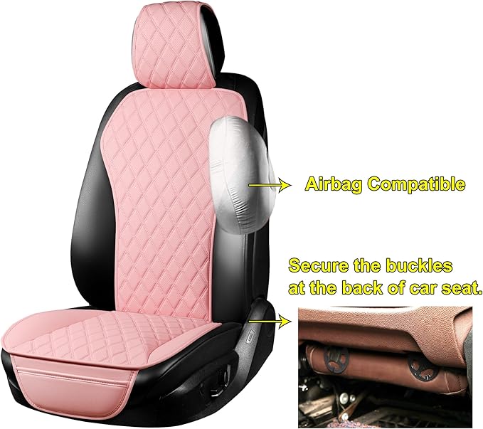 BaoLL 2PCs Front Car Seat Covers, Leather Seat Covers with Steering Wheel Cover and Two Seat Belt Pads, Waterproof Seat Covers for Cars Universal Fit 95% Vehicles (Pink)