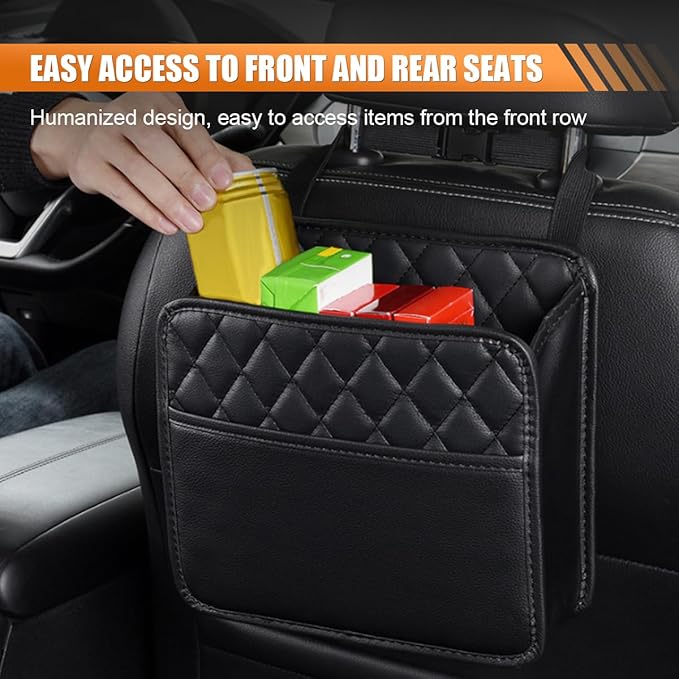 Foldable Car Seat Back Organizer, Large Capacity Hanging Car Backseat Storage Bag with Cup Holders, PU Leather Waterproof Car Trash Bag Can, Car Travel Accessories for Most Vehicles (2)