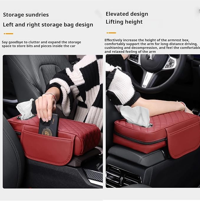 Car Armrest Pads for Hyundai Santa Fe Sport 2013 2014 2015 2016 2017 2018,Leather Center Console Covers Waterproof Anti-Slip Scratch Comfortable Automobile Protective Accessories,Claret