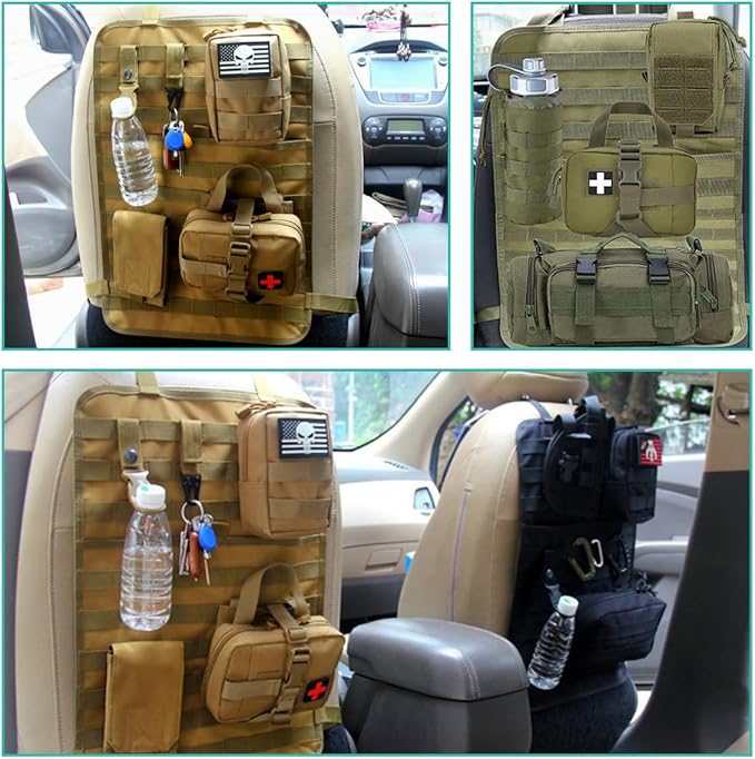 Car Seat Back Organizer, Tactical MOLLE Sag Proof Vehicle Panel Backseat Cover Protector, Universal Molle Nylon Storage Bag Seat Back Hanger Pad for Car Truck SUV Pickup (Khaki)