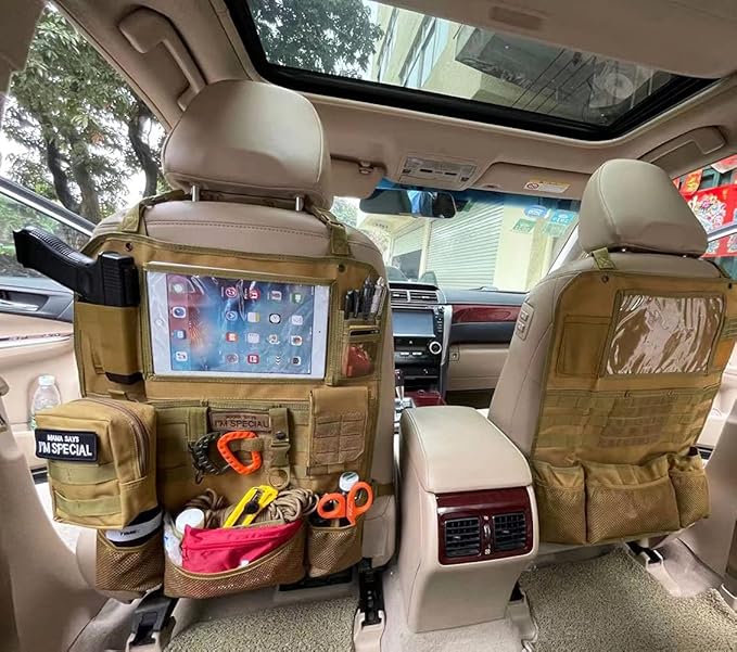 Upgrade Tactical Seat Back Organizer Molle Car Seat Organizer with 4 Detachable Pouches: Trauma Medical Pouch, Water Bottle Pouch, Vehicle Protector Organizers (Modern B TAN)