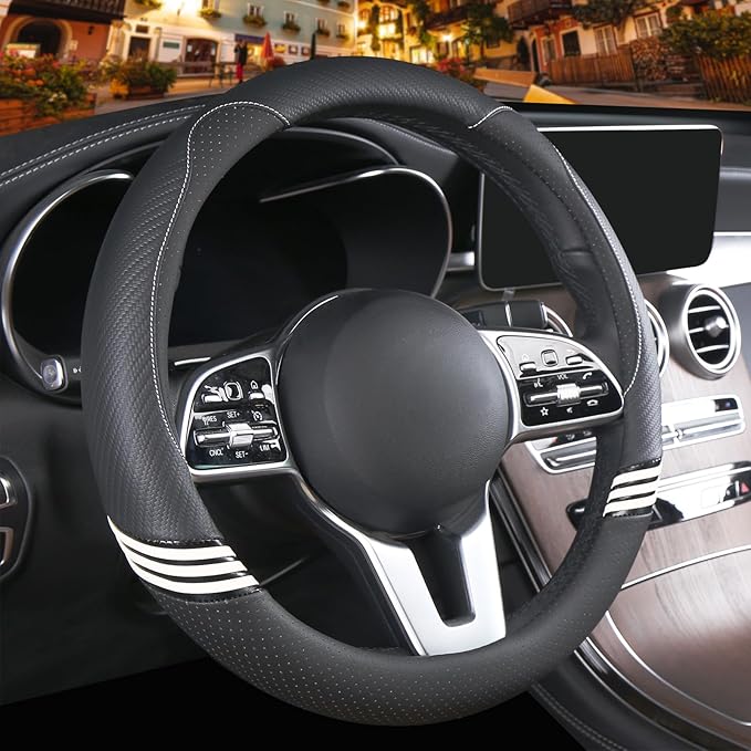 14 inch Cute Steering Wheel Cover for Women Men Faux Leather and Carbon Fiber,Black