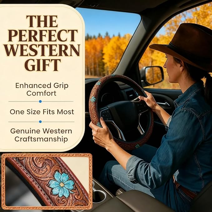 Retro Western Cowboy Car Universal Steering Wheel Cover – Western Steering Wheel Cover for Men & Women - 15 Inch Embossed Leather Anti-Slip Grip–Universal Fit for Truck, SUV, Car (D)
