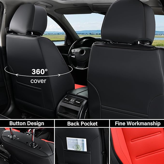 Coverado Car Seat Covers, Front Covers for Cars, Car Seat Cover Front Seats, Car Seat Protector Waterproof, Leather Car Seat Cushion, Universal Interior Covers Seat Protectors for Most Cars Black-Red