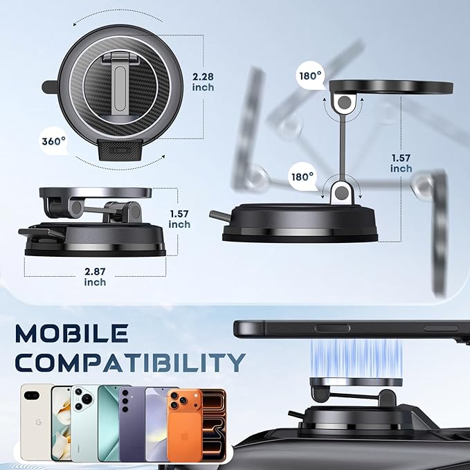 Strong Magnetic Phone Holder for Car & Desk, Compatible with MagSafe, Secure Lock, Universal 360° Rota-Table Car Phone Mount for Dashboard, Glass, Table, Carbon Fiber