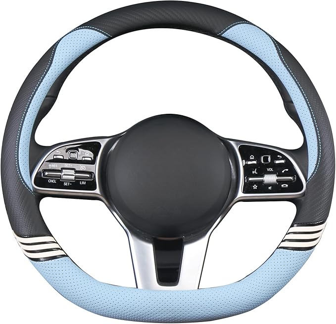 14 inch Cute D Shaped Steering Wheel Cover for Women Men Faux Leather and Carbon Fiber,Black and Blue