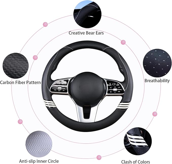 14 inch Cute Steering Wheel Cover for Women Men Faux Leather and Carbon Fiber,Black