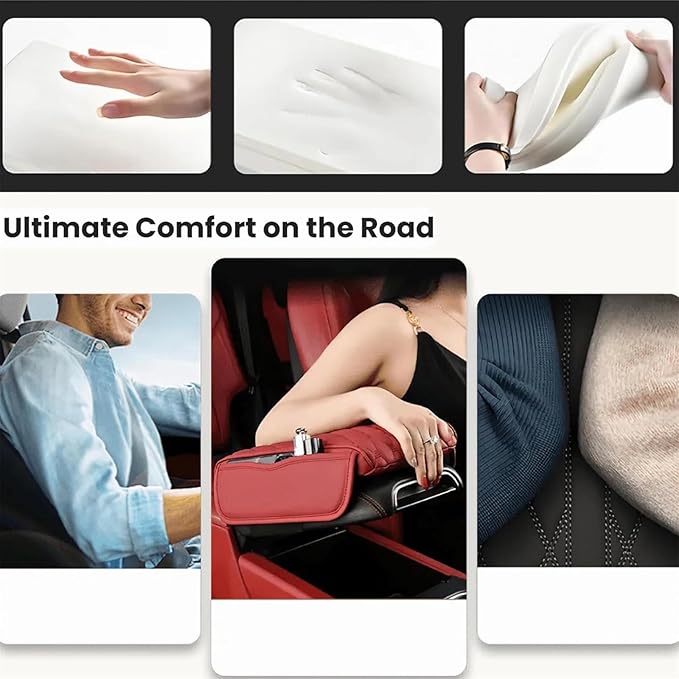 Car Arm Rest Cover Pad for Toyota Camry 2012 2013 2014 2015 2016 2017, Leather Memory Foam Center Console Cushion with 2 Storage Bags and a Tissue Box Universal Car Interior Accessories