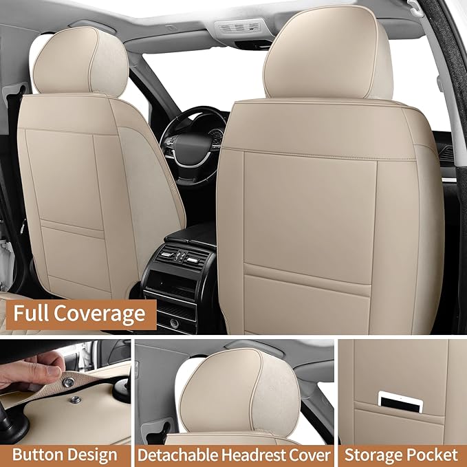 SCOMEE Beige Leather Car Seat Covers Front Seat Breathable Seat Protectors Waterproof Automotive Seat Covers Universal Fit for Most Cars SUVs Trucks Vehicles