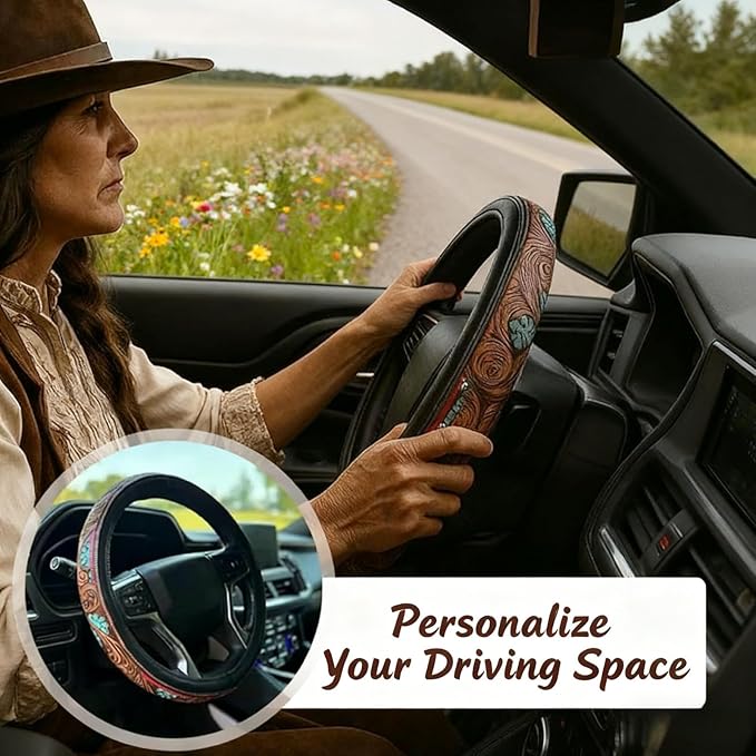 Retro Western Cowboy Car Universal Steering Wheel Cover – Western Steering Wheel Cover for Men & Women - 15 Inch Embossed Leather Anti-Slip Grip–Universal Fit for Truck, SUV, Car (D)
