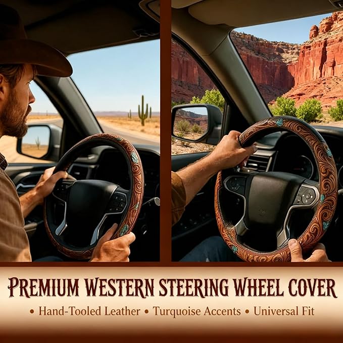 Retro Western Cowboy Car Universal Steering Wheel Cover – Western Steering Wheel Cover for Men & Women - 15 Inch Embossed Leather Anti-Slip Grip–Universal Fit for Truck, SUV, Car (D)