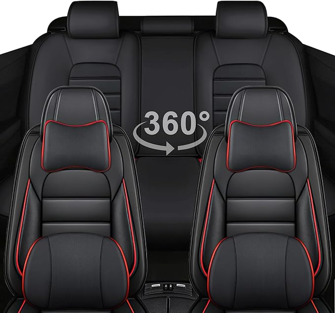 AREKA 5 Car Seat Covers for Honda Civic 2002-2026 Breathable Leather,Waterproof Car Seat Protectors with Comfort Headrest Pillows,Automotive Vehicle Cushion with Storage Pockets (Luxury,Redline)