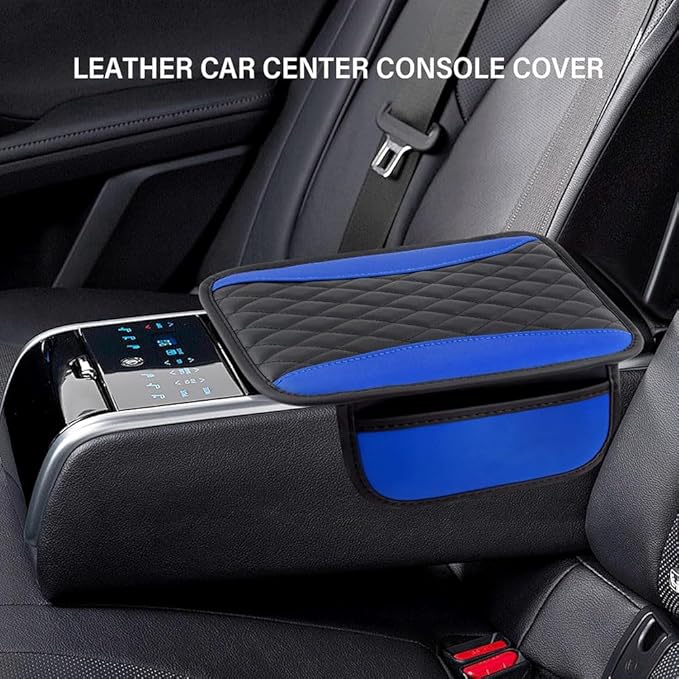 Car Center Console Cover for Jeep Wrangler 1986–2025 2026 YJ/TJ/JK/JL,Leather Armrest Pad with Side Storage Pockets,Waterproof Console Lid Protector,Auto Interior Accessories,Blue