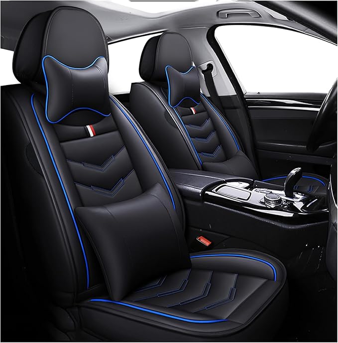 MVRVMV Luxury Car Seat Covers for Ford Explorer 2012-2026, Nappa Leather Auto Seat Cover with 2 Neck Pillows and 2 Lumbar Supports (2 Seat Luxury, Black-Blue)